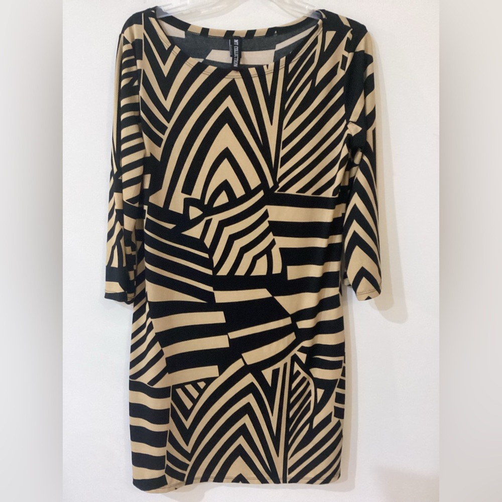 MT Collection Black & Tan Geometric Print Shift Dress Size Large